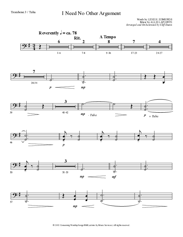I Need No Other Argument (Choral Anthem SATB) Trombone 3/Tuba (Lillenas Choral / Arr. Cliff Duren)