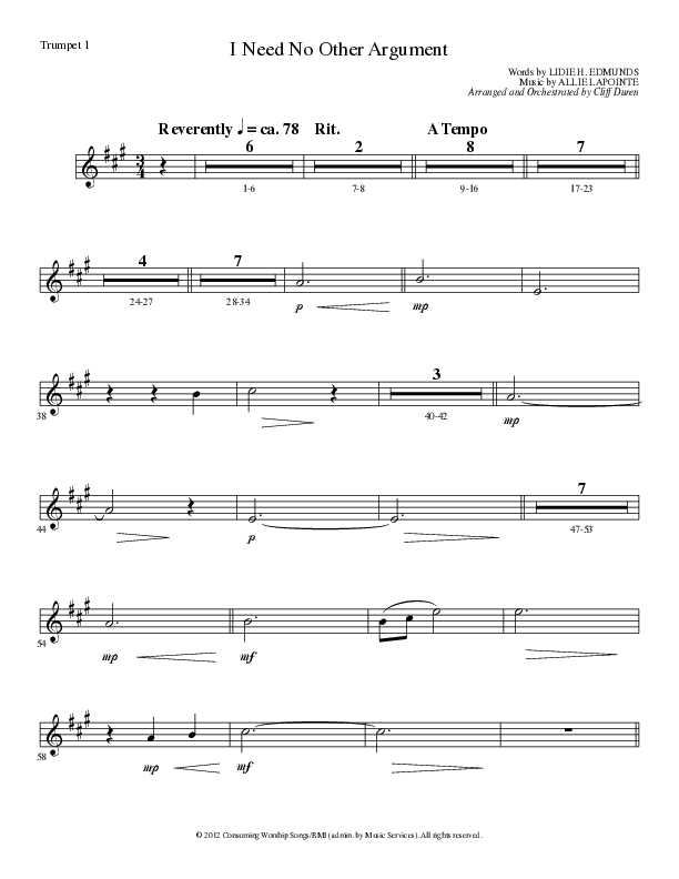 I Need No Other Argument (Choral Anthem SATB) Trumpet 1 (Lillenas Choral / Arr. Cliff Duren)