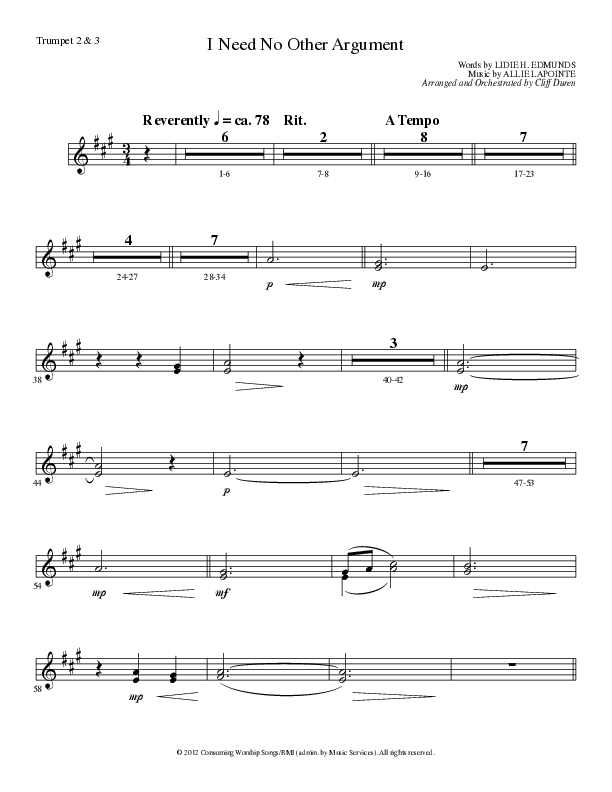 I Need No Other Argument (Choral Anthem SATB) Trumpet 2/3 (Lillenas Choral / Arr. Cliff Duren)