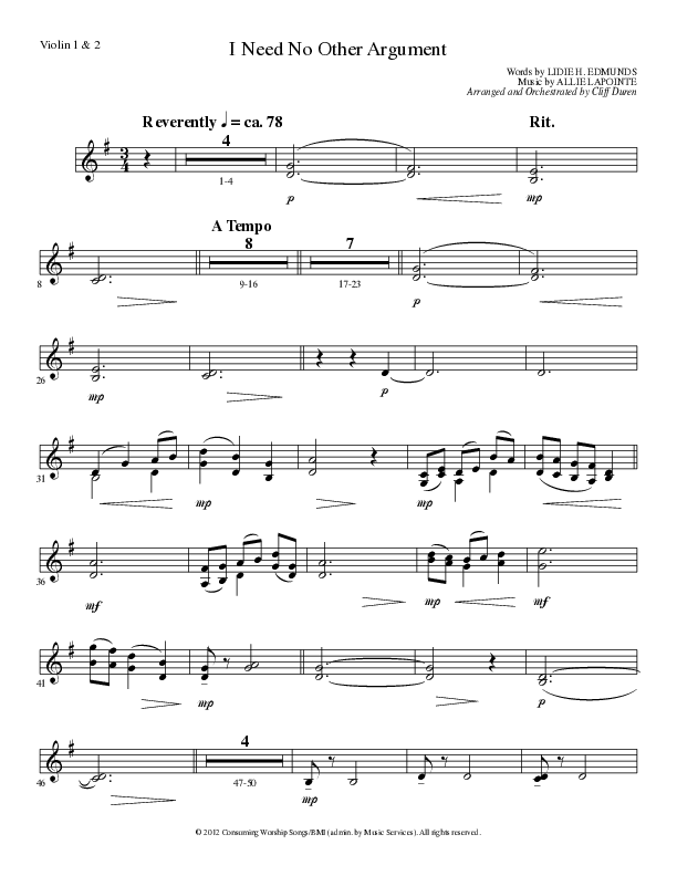 I Need No Other Argument (Choral Anthem SATB) Violin 1/2 (Lillenas Choral / Arr. Cliff Duren)