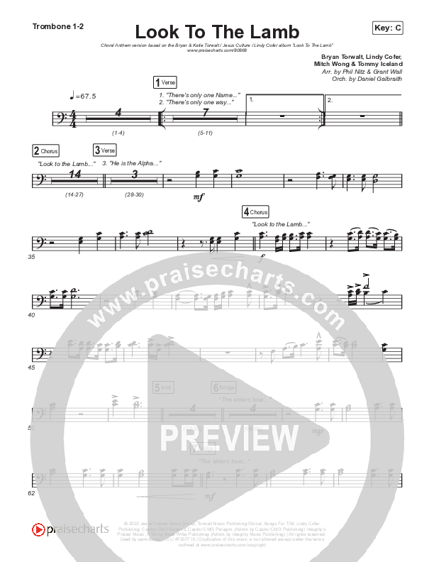 Look To The Lamb (Choral Anthem SATB) Trombone 1,2 (Bryan & Katie Torwalt / Lindy Cofer / Jesus Culture / Arr. Phil Nitz)