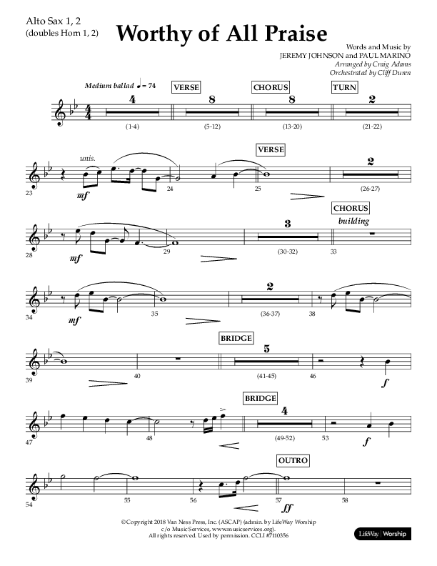 Worthy Of All Praise (Choral Anthem SATB) Alto Sax 1/2 (Lifeway Choral / Arr. Craig Adams)