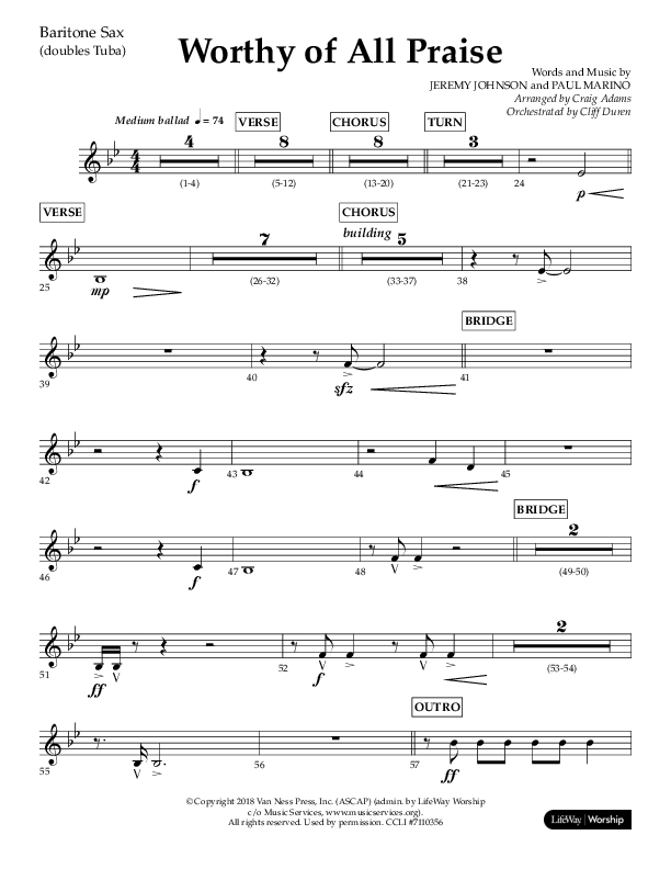Worthy Of All Praise (Choral Anthem SATB) Bari Sax (Lifeway Choral / Arr. Craig Adams)