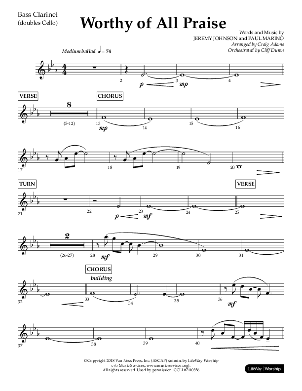 Worthy Of All Praise (Choral Anthem SATB) Bass Clarinet (Lifeway Choral / Arr. Craig Adams)