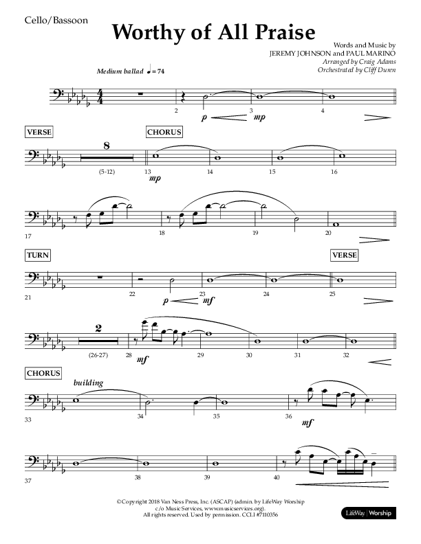 Worthy Of All Praise (Choral Anthem SATB) Cello (Lifeway Choral / Arr. Craig Adams)