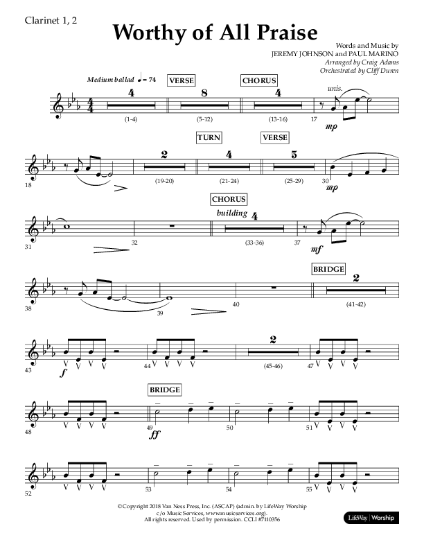 Worthy Of All Praise (Choral Anthem SATB) Clarinet 1/2 (Lifeway Choral / Arr. Craig Adams)