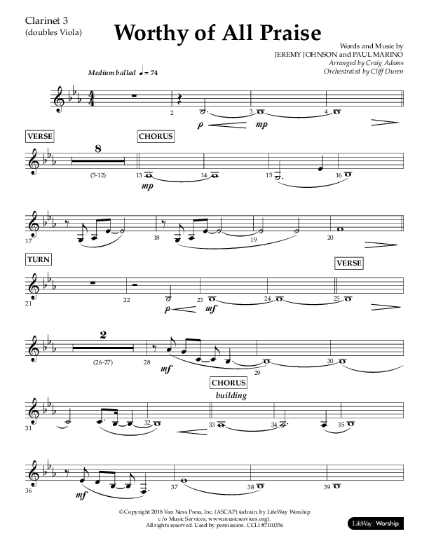Worthy Of All Praise (Choral Anthem SATB) Clarinet 3 (Lifeway Choral / Arr. Craig Adams)