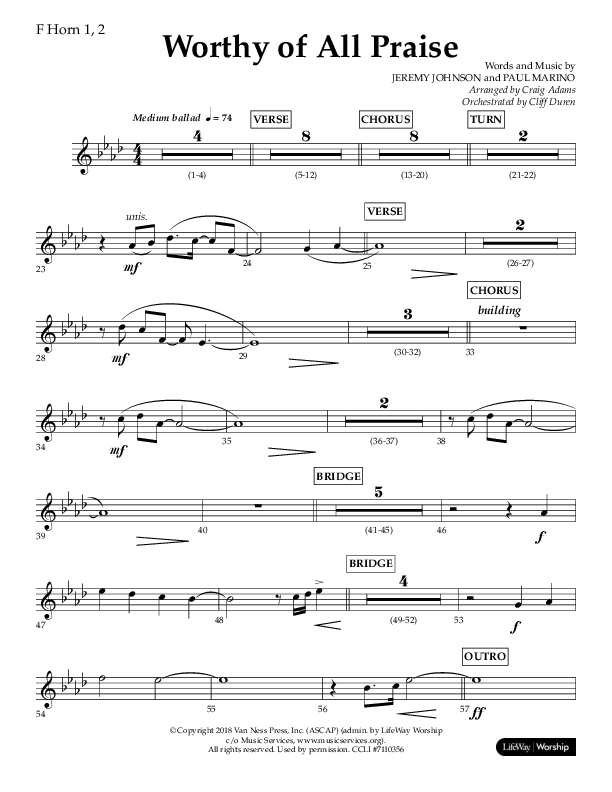 Worthy Of All Praise (Choral Anthem SATB) French Horn 1/2 (Lifeway Choral / Arr. Craig Adams)
