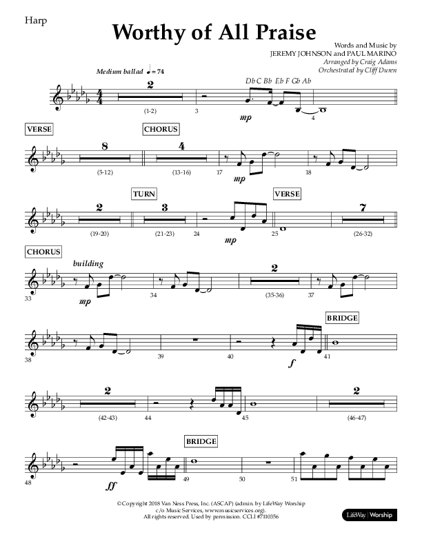 Worthy Of All Praise (Choral Anthem SATB) Harp (Lifeway Choral / Arr. Craig Adams)