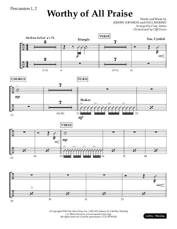 Worthy Of All Praise (Choral Anthem SATB) Percussion 1/2 (Lifeway Choral / Arr. Craig Adams)