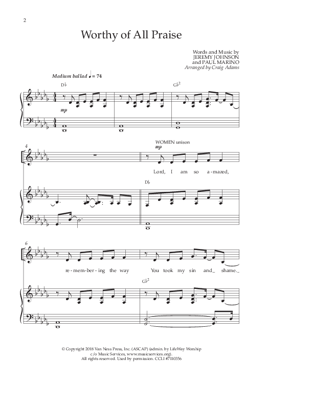 Worthy Of All Praise (Choral Anthem SATB) Anthem (SATB/Piano) (Lifeway Choral / Arr. Craig Adams)