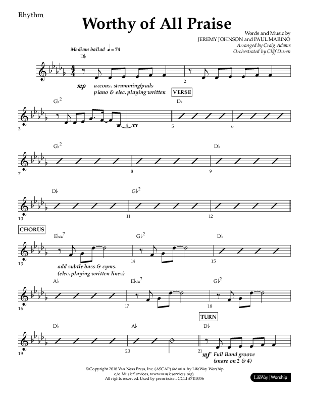 Worthy Of All Praise (Choral Anthem SATB) Lead Melody & Rhythm (Lifeway Choral / Arr. Craig Adams)