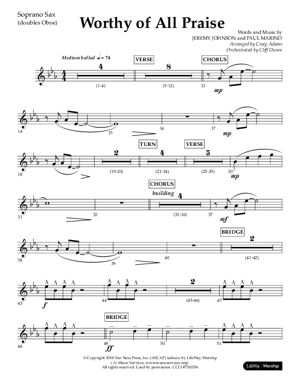 Worthy Of All Praise (Choral Anthem SATB) Soprano Sax (Lifeway Choral / Arr. Craig Adams)