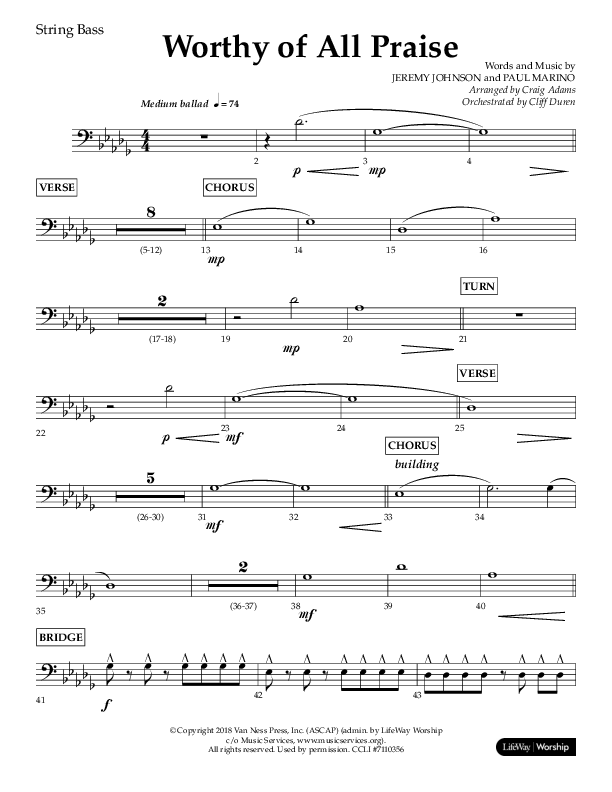 Worthy Of All Praise (Choral Anthem SATB) String Bass (Lifeway Choral / Arr. Craig Adams)