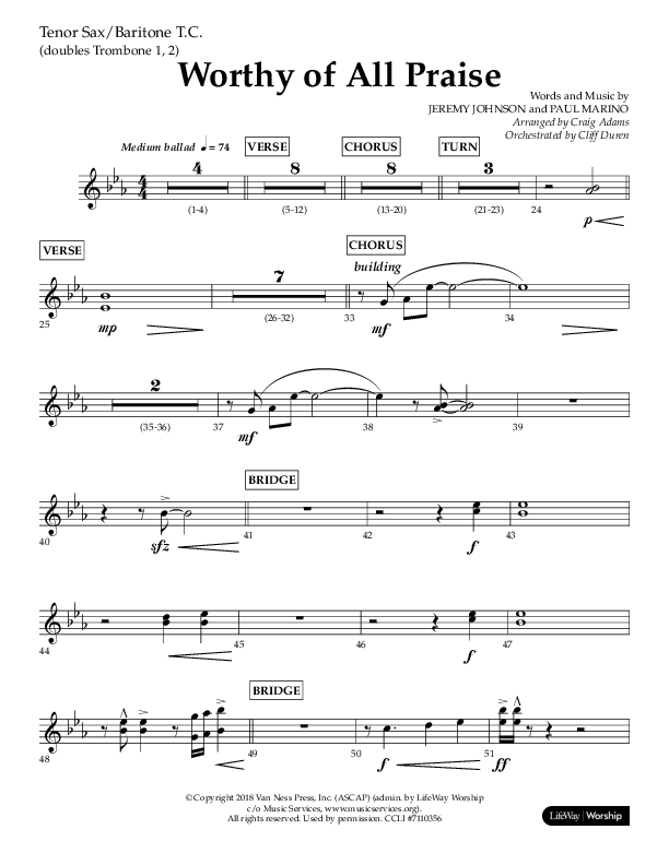 Worthy Of All Praise (Choral Anthem SATB) Tenor Sax/Baritone T.C. (Lifeway Choral / Arr. Craig Adams)