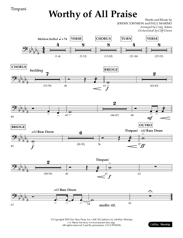 Worthy Of All Praise (Choral Anthem SATB) Timpani (Lifeway Choral / Arr. Craig Adams)