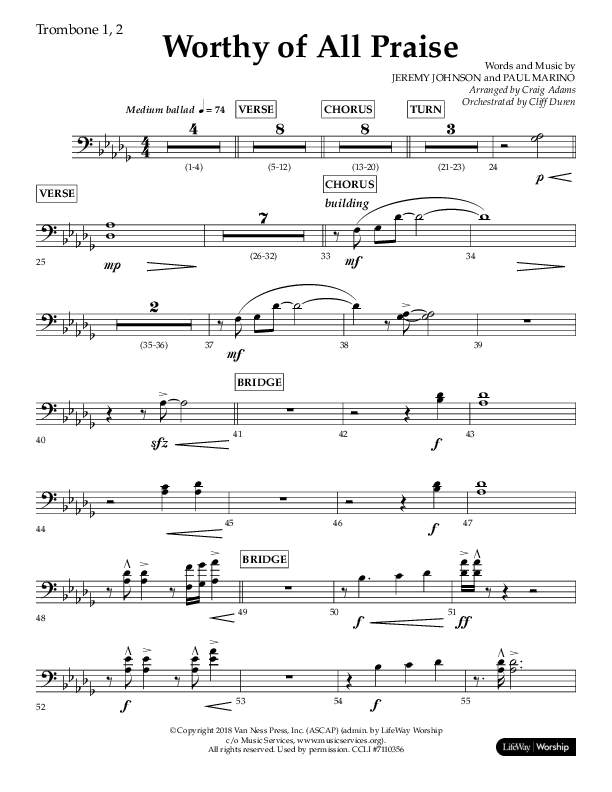 Worthy Of All Praise (Choral Anthem SATB) Trombone 1/2 (Lifeway Choral / Arr. Craig Adams)