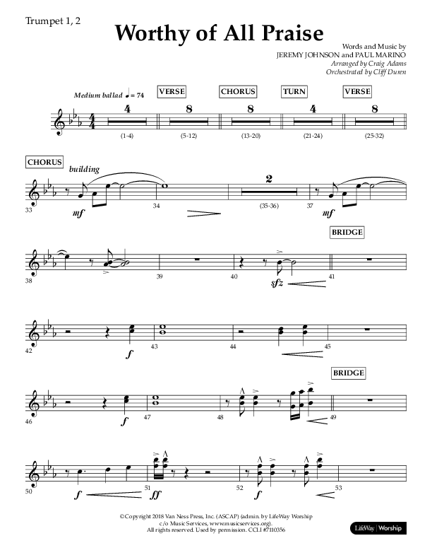Worthy Of All Praise (Choral Anthem SATB) Trumpet 1,2 (Lifeway Choral / Arr. Craig Adams)