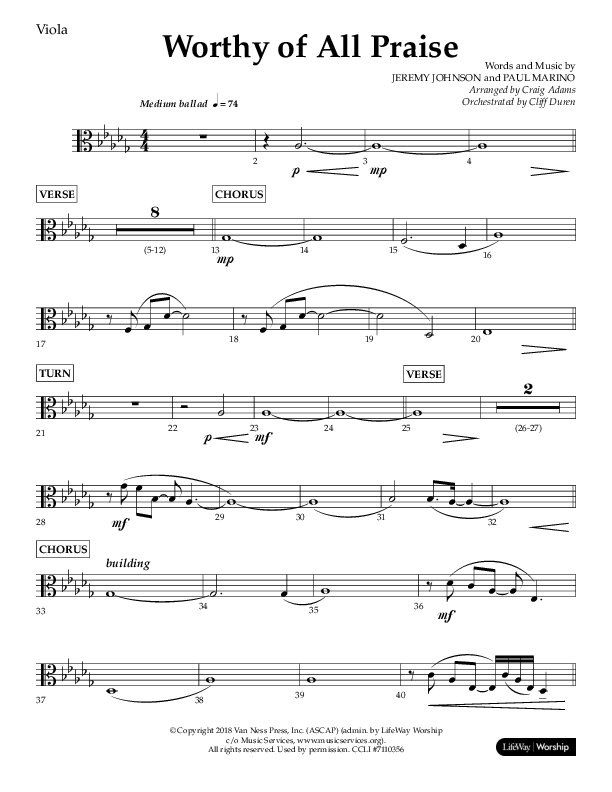 Worthy Of All Praise (Choral Anthem SATB) Viola (Lifeway Choral / Arr. Craig Adams)