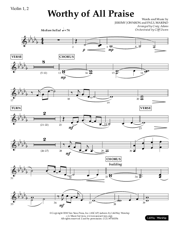 Worthy Of All Praise (Choral Anthem SATB) Violin 1/2 (Lifeway Choral / Arr. Craig Adams)