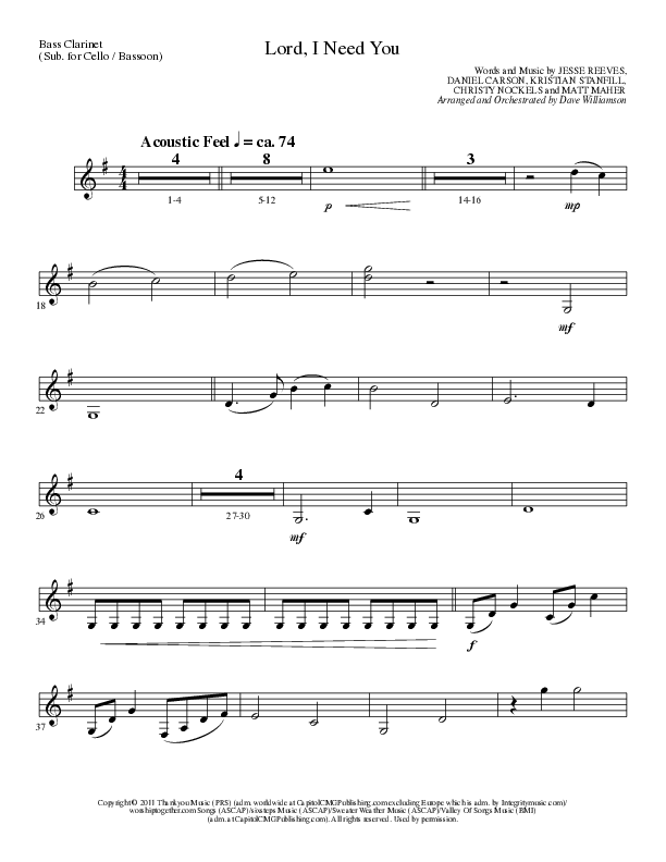 Lord I Need You (Choral Anthem SATB) Bass Clarinet (Lillenas Choral / Arr. Dave Williamson)