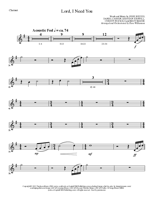 Lord I Need You (Choral Anthem SATB) Clarinet (Lillenas Choral / Arr. Dave Williamson)