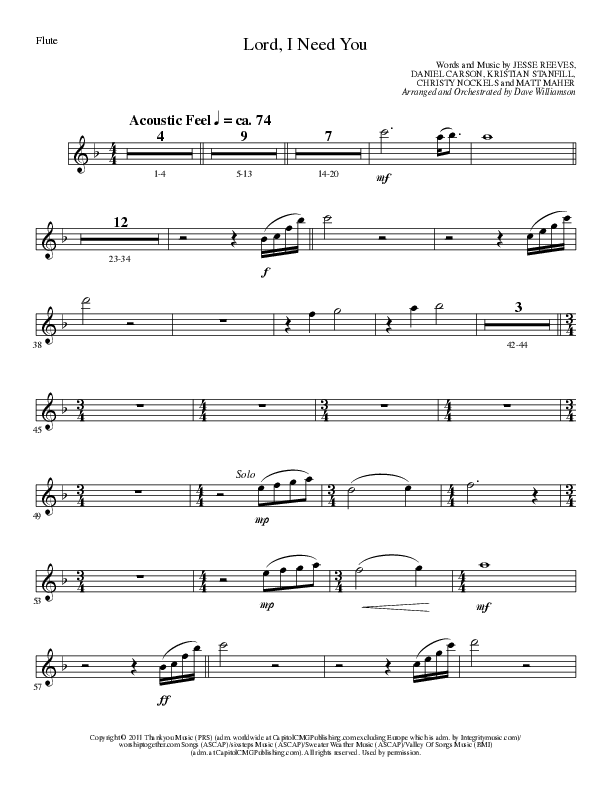 Lord I Need You (Choral Anthem SATB) Flute (Lillenas Choral / Arr. Dave Williamson)