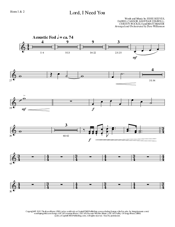Lord I Need You (Choral Anthem SATB) French Horn 1/2 (Lillenas Choral / Arr. Dave Williamson)