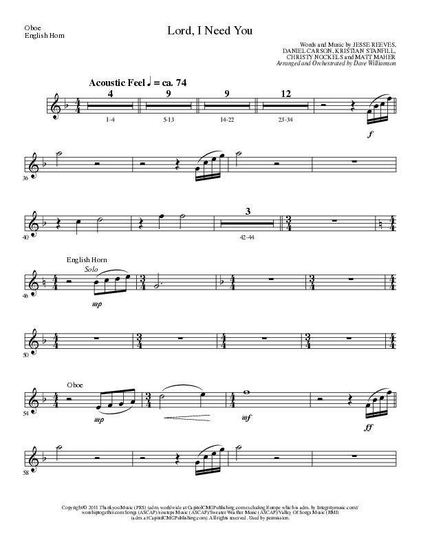 Lord I Need You (Choral Anthem SATB) Oboe (Lillenas Choral / Arr. Dave Williamson)