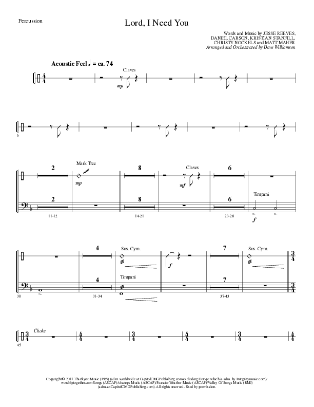 Lord I Need You (Choral Anthem SATB) Percussion (Lillenas Choral / Arr. Dave Williamson)