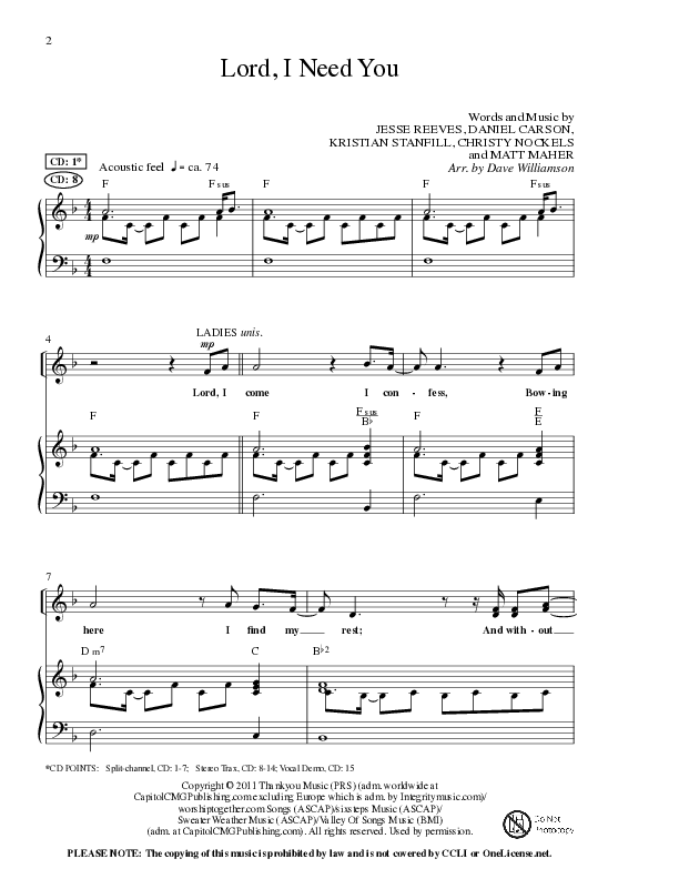 Lord I Need You (Choral Anthem SATB) Anthem (SATB/Piano) (Lillenas Choral / Arr. Dave Williamson)