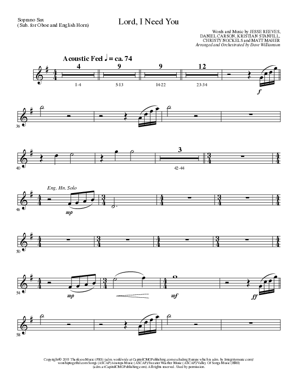 Lord I Need You (Choral Anthem SATB) Soprano Sax (Lillenas Choral / Arr. Dave Williamson)
