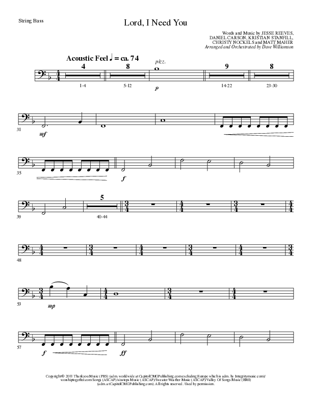 Lord I Need You (Choral Anthem SATB) String Bass (Lillenas Choral / Arr. Dave Williamson)