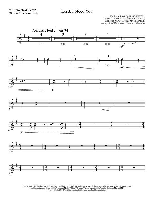 Lord I Need You (Choral Anthem SATB) Tenor Sax/Baritone T.C. (Lillenas Choral / Arr. Dave Williamson)