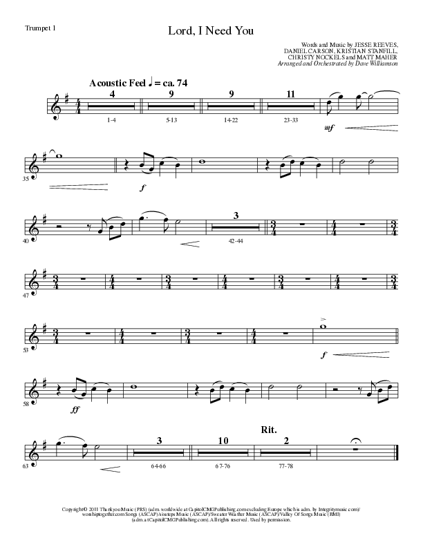 Lord I Need You (Choral Anthem SATB) Trumpet 1 (Lillenas Choral / Arr. Dave Williamson)