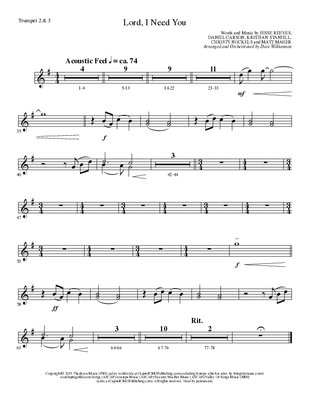 Lord I Need You (Choral Anthem SATB) Trumpet 1 (Lillenas Choral / Arr. Dave Williamson)