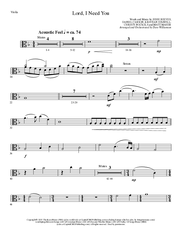 Lord I Need You (Choral Anthem SATB) Viola (Lillenas Choral / Arr. Dave Williamson)