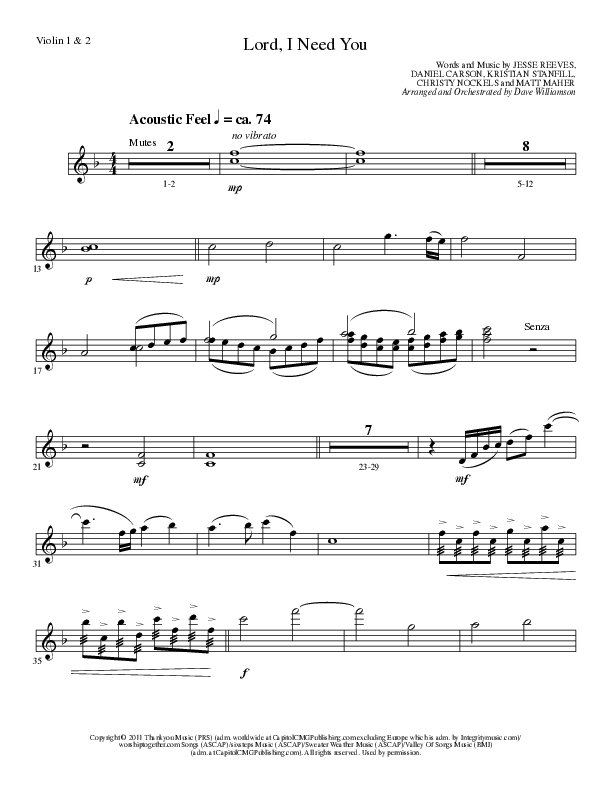 Lord I Need You (Choral Anthem SATB) Violin 1/2 (Lillenas Choral / Arr. Dave Williamson)