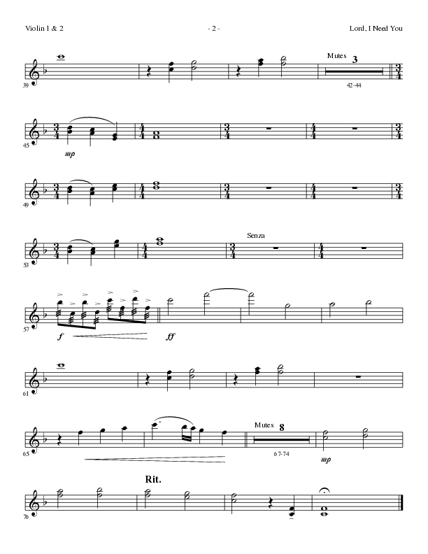 Lord I Need You (Choral Anthem SATB) Violin 1/2 (Lillenas Choral / Arr. Dave Williamson)
