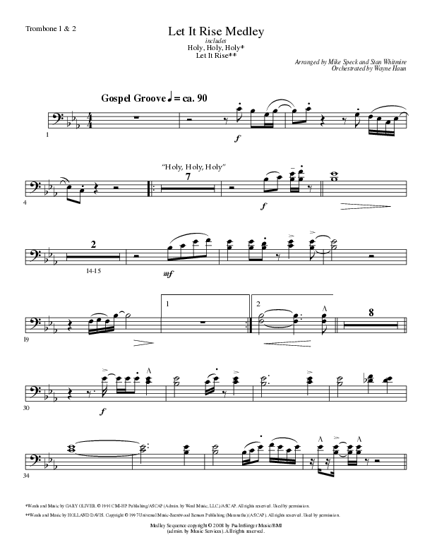 Let It Rise Medley with Holy Holy Holy (Choral Anthem SATB) Trombone 1/2 (Lillenas Choral / Arr. Mike Speck)