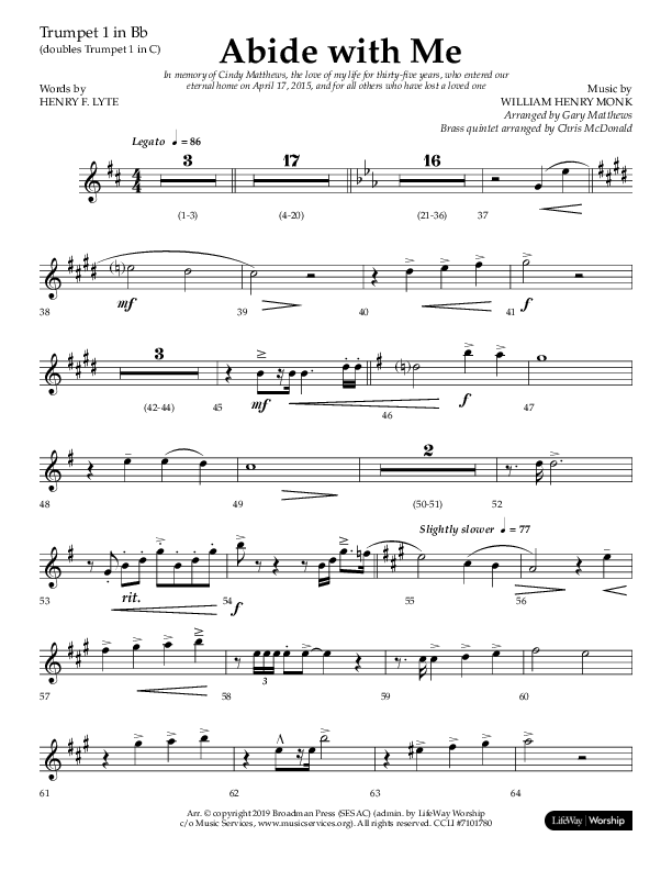 Abide With Me (Choral Anthem SATB) Trumpet 1 (Lifeway Choral / Arr. Gary Matthews / Arr. Chris McDonald)