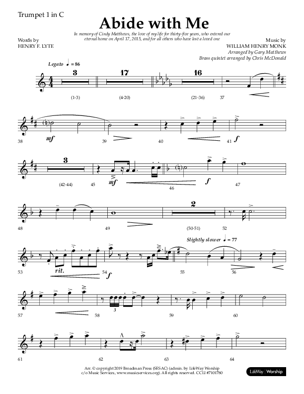 Abide With Me (Choral Anthem SATB) Trumpet 1 (Lifeway Choral / Arr. Gary Matthews / Arr. Chris McDonald)
