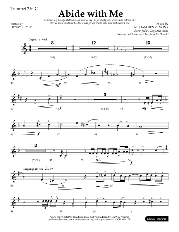 Abide With Me (Choral Anthem SATB) Trumpet 2 (Lifeway Choral / Arr. Gary Matthews / Arr. Chris McDonald)
