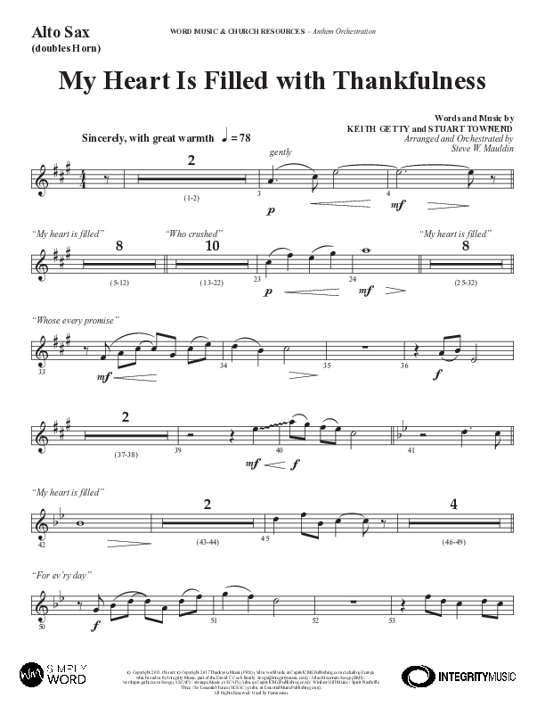 My Heart Is Filled With Thankfulness (Choral Anthem SATB) Alto Sax (Word Music Choral / Arr. Steve Mauldin)