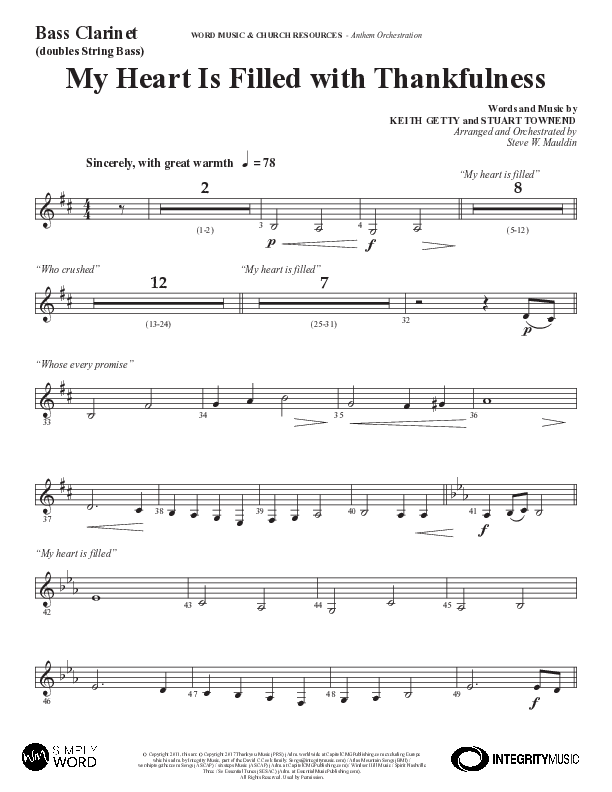 My Heart Is Filled With Thankfulness (Choral Anthem SATB) Bass Clarinet (Word Music Choral / Arr. Steve Mauldin)