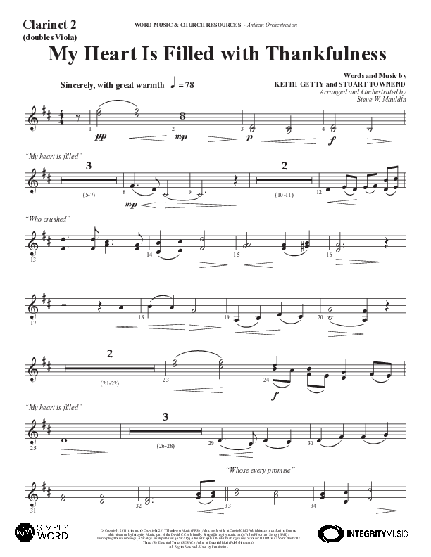 My Heart Is Filled With Thankfulness (Choral Anthem SATB) Clarinet (Word Music Choral / Arr. Steve Mauldin)