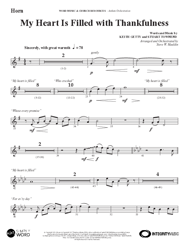 My Heart Is Filled With Thankfulness (Choral Anthem SATB) French Horn (Word Music Choral / Arr. Steve Mauldin)