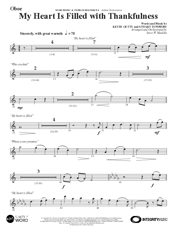 My Heart Is Filled With Thankfulness (Choral Anthem SATB) Oboe (Word Music Choral / Arr. Steve Mauldin)