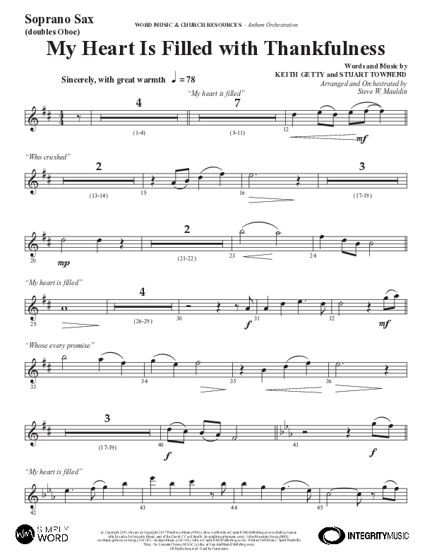 My Heart Is Filled With Thankfulness (Choral Anthem SATB) Soprano Sax (Word Music Choral / Arr. Steve Mauldin)
