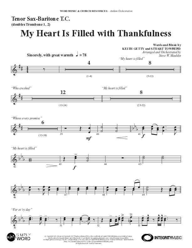 My Heart Is Filled With Thankfulness (Choral Anthem SATB) Tenor Sax/Baritone T.C. (Word Music Choral / Arr. Steve Mauldin)